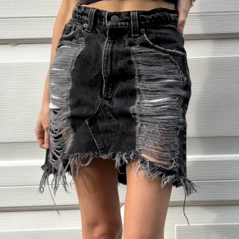 Vintage black denim skirt , reworked and sold by “Furst of a Kind” at LF